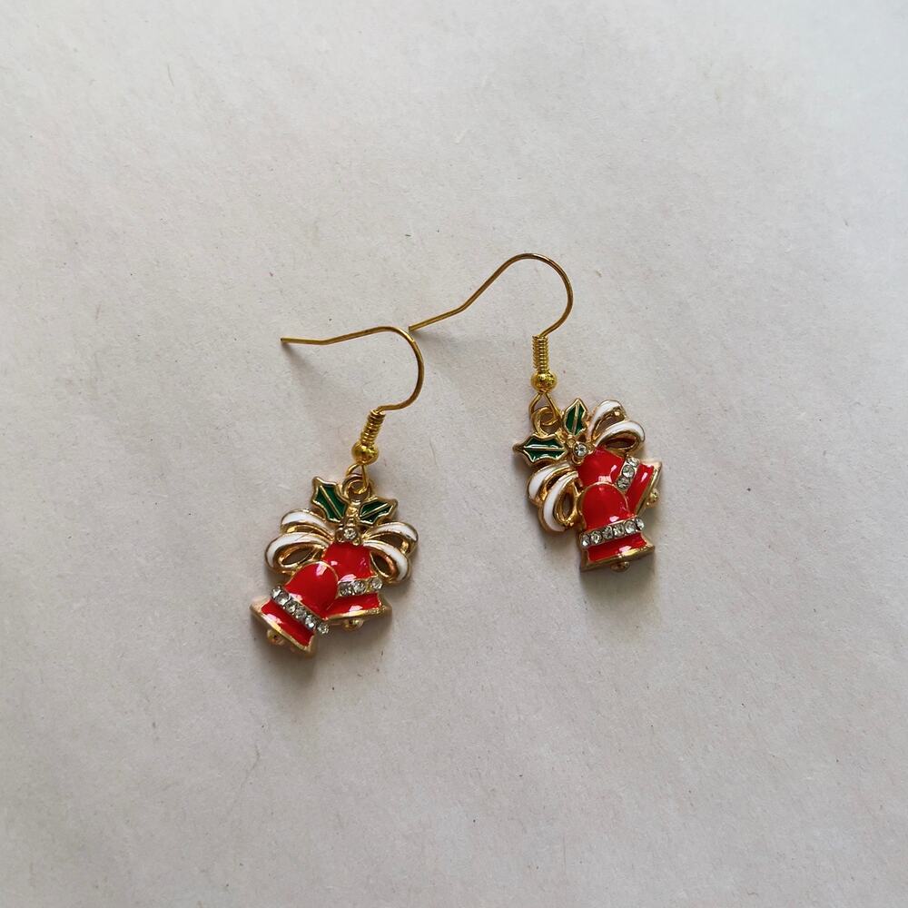 Christmas Bell Earrings Holiday Enamel Earring Set Rhinestone Jewels